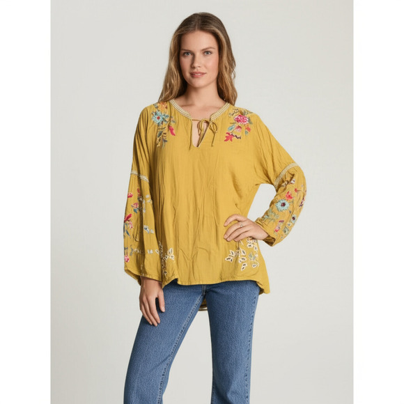 Johnny Was Tops - NWT Johnny Was Womens Peasant Blouse Size M Mustard Yellow Floral Embroidered